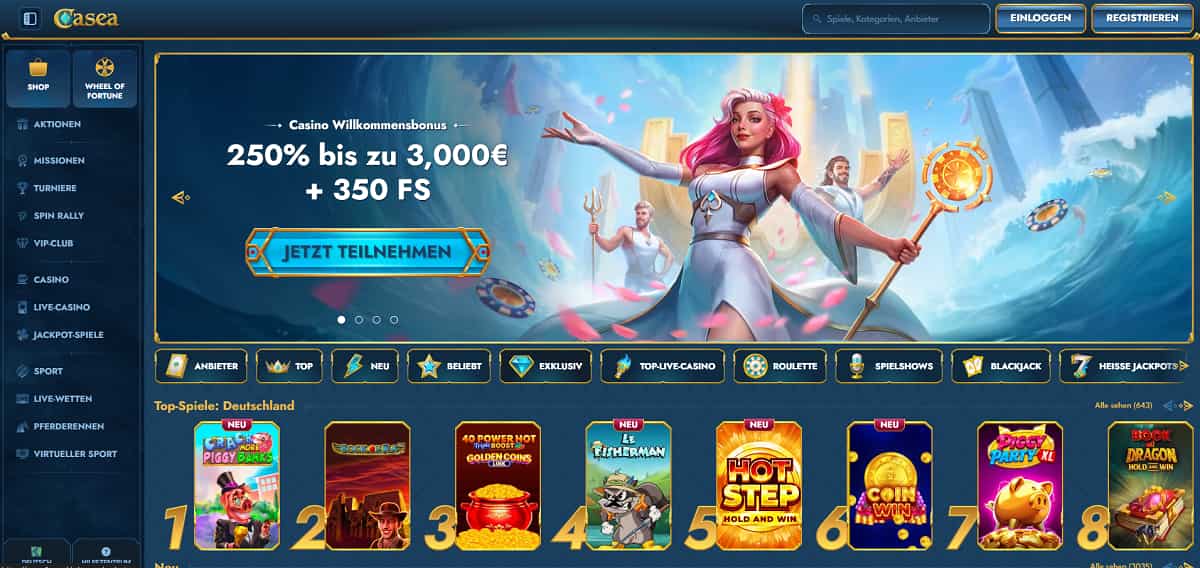 Startseite eines modernen Online Casino ohne OASIS mit Willkommensbonus, farbenfrohen Bannern, Spielauswahl und klar strukturierter Navigation für deutsche Nutzer.